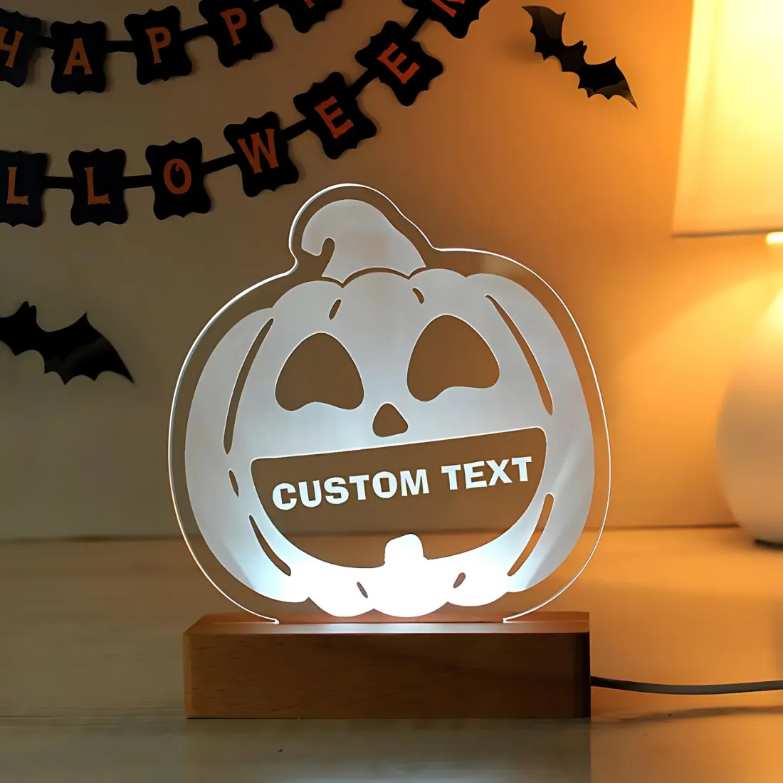 Personalised Pumpkin Wooden LED Light, Custom Engraved Halloween Night Lamp, Autumn Home Decor — photo 3