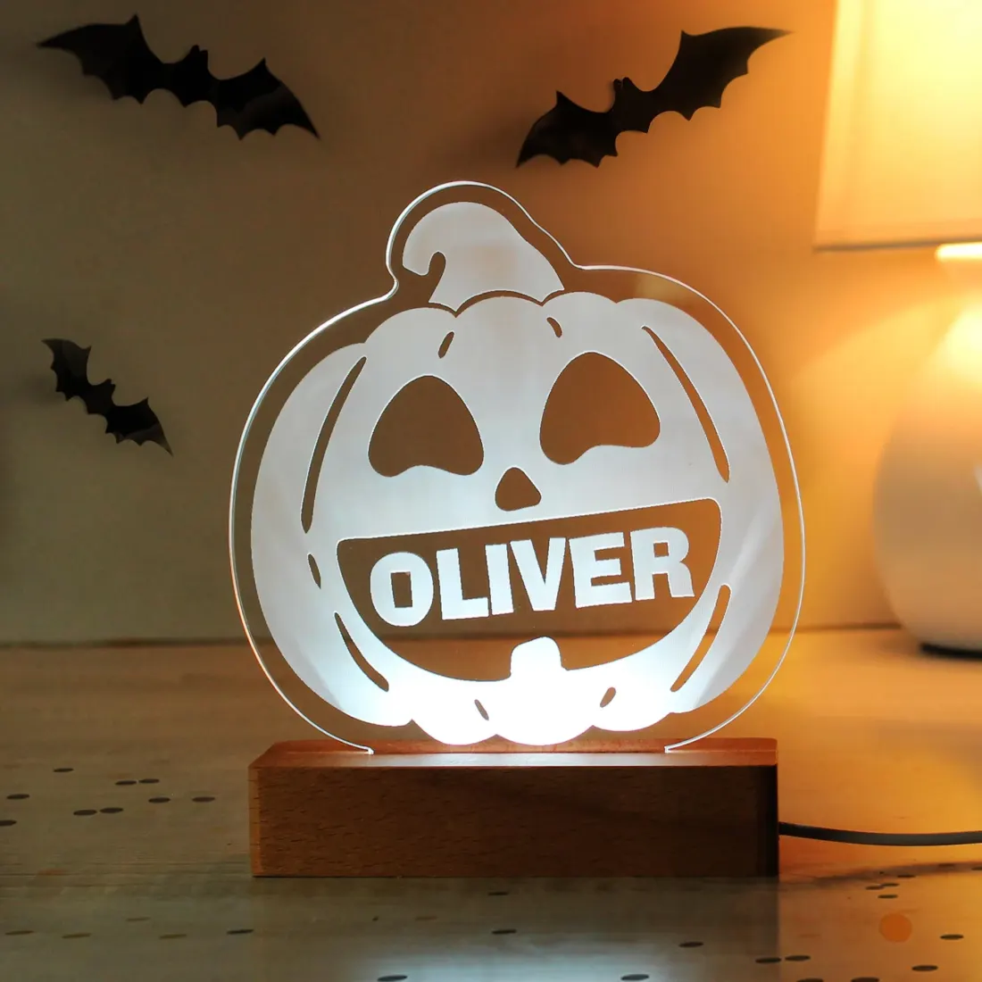 Personalised Pumpkin Wooden LED Light, Custom Engraved Halloween Night Lamp, Autumn Home Decor — photo 5