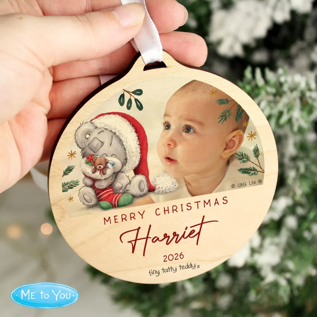 Personalised First Christmas Photo Ornament, Tiny Tatty Teddy Wooden Decoration