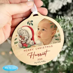 Personalised First Christmas Photo Ornament, Tiny Tatty Teddy Wooden Decoration thumbnail 1