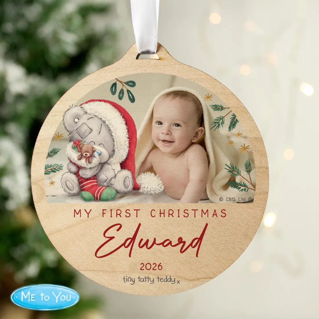Personalised First Christmas Photo Ornament, Tiny Tatty Teddy Wooden Decoration — photo 3