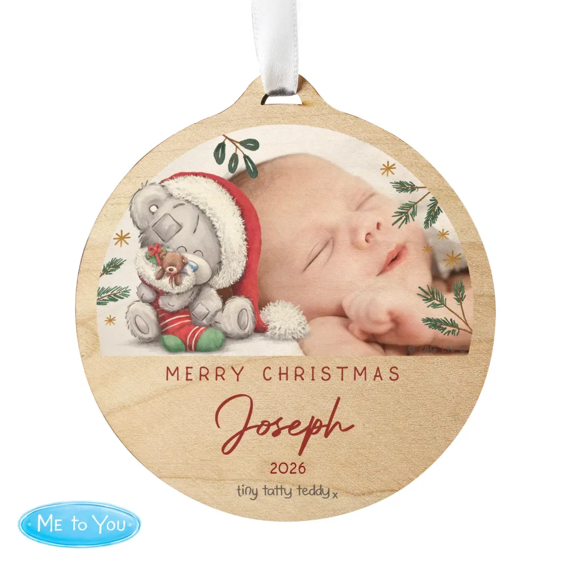 Personalised First Christmas Photo Ornament, Tiny Tatty Teddy Wooden Decoration — photo 5