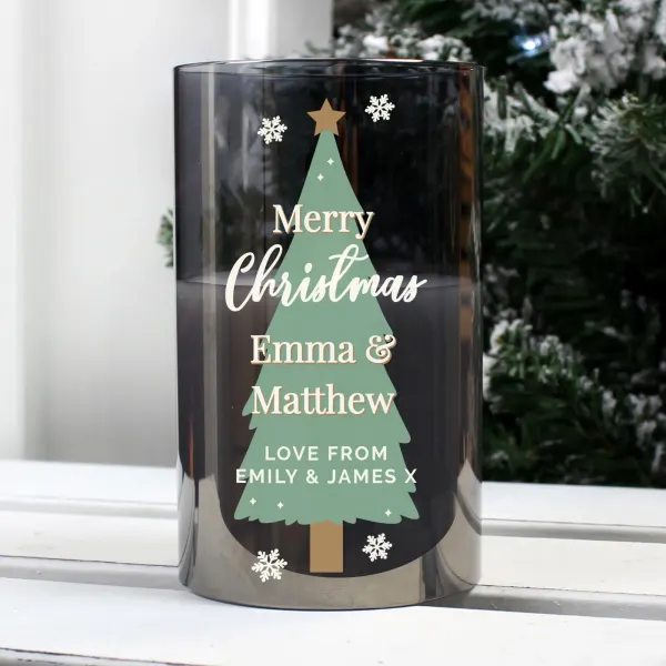 Personalised Christmas Tree LED Candle, Smoked Glass Home Decoration