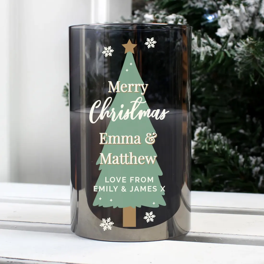 Personalised Christmas Tree LED Candle, Smoked Glass Home Decoration