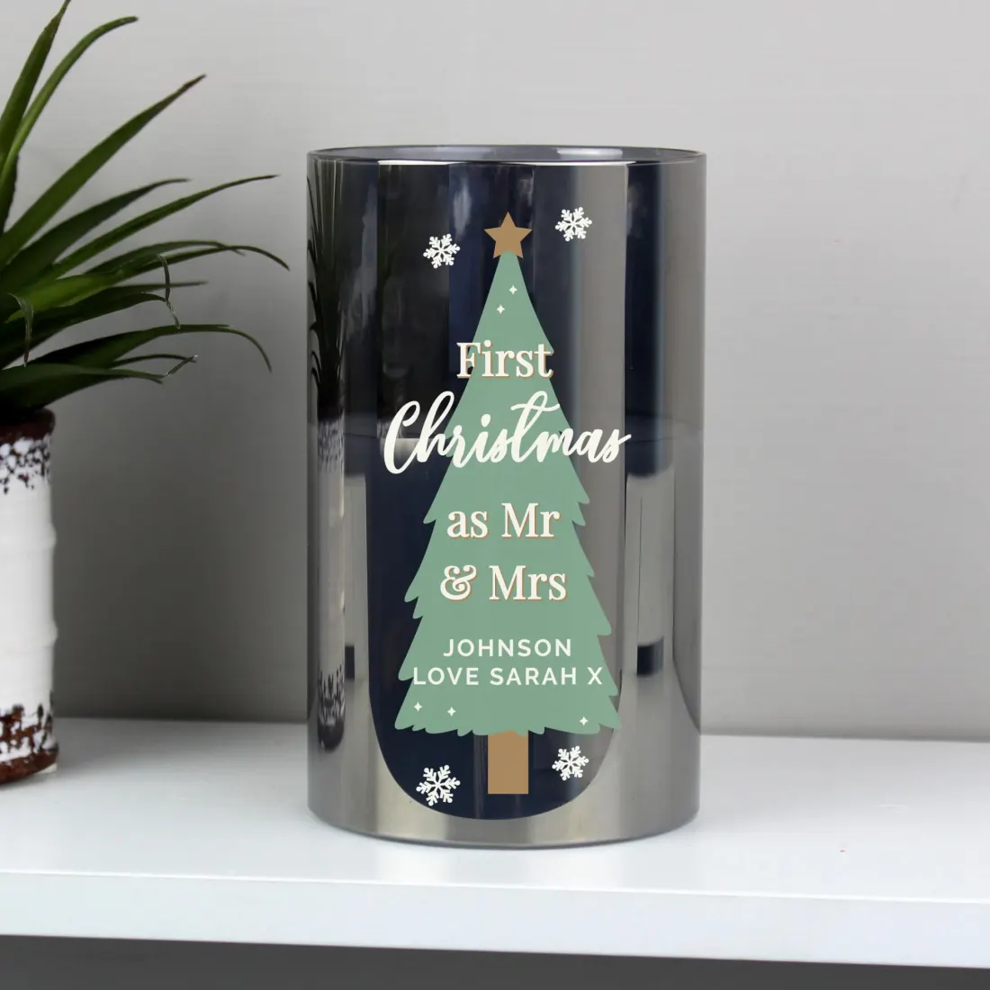 Personalised Christmas Tree LED Candle, Smoked Glass Home Decoration — photo 5