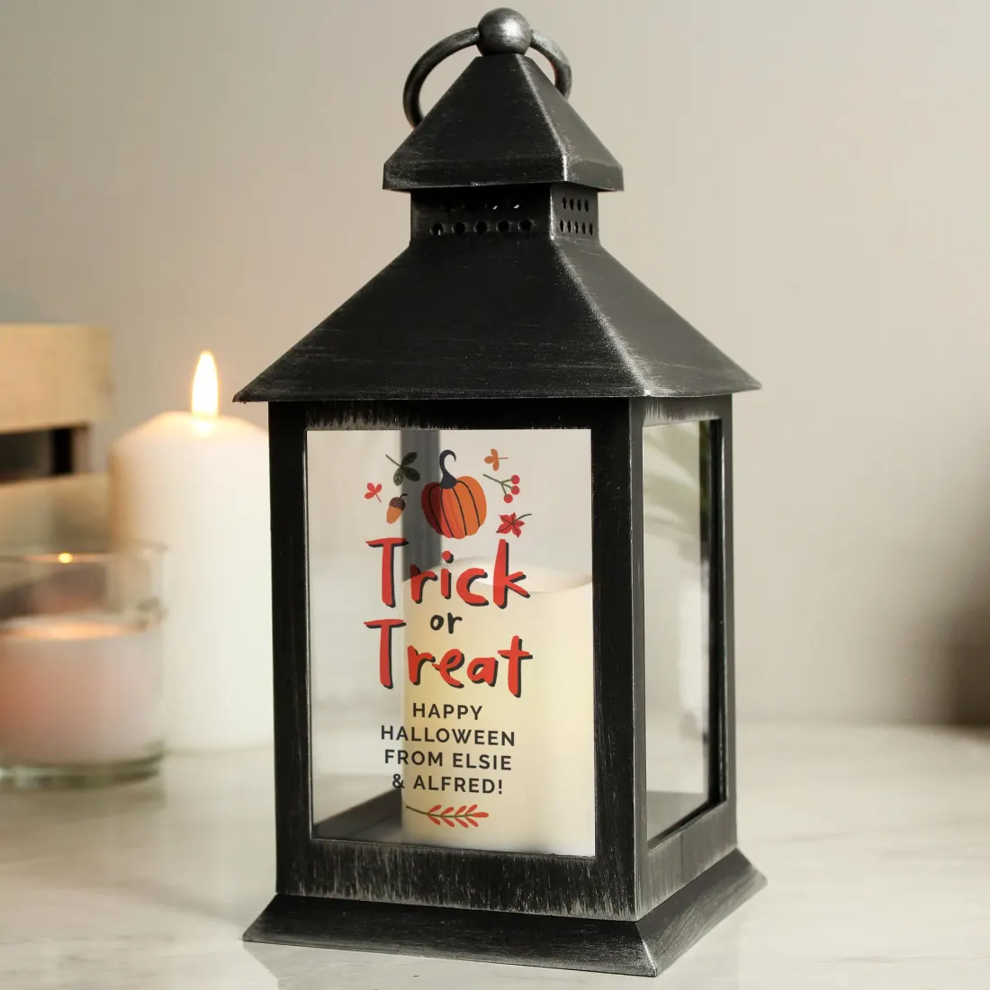 Personalised Halloween Lantern, Custom House Decoration, Engraved Text LED Candle — photo 3