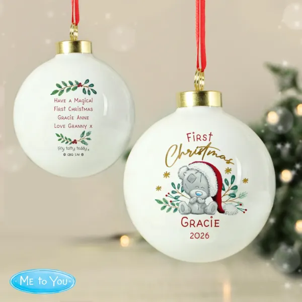 Personalised First Christmas Bauble, Tiny Tatty Teddy Name Ornament