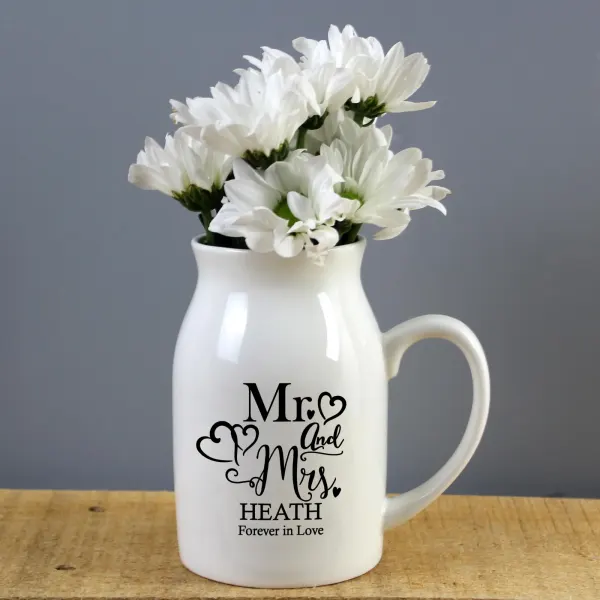 Personalised Mr and Mrs Ceramic Flower Jug Vase, Wedding Keepsake Home Décor