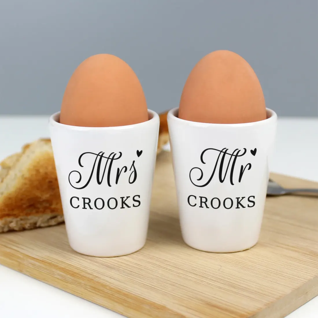 Personalised Mr and Mrs Egg Cups, Custom Surname Breakfast Set, Newlywed Wedding Gift