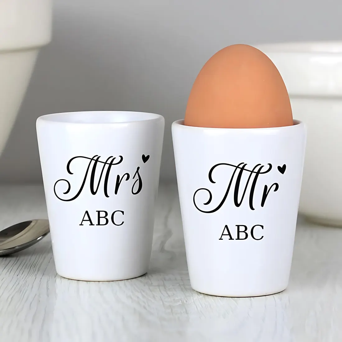 Personalised Mr and Mrs Egg Cups, Custom Surname Breakfast Set, Newlywed Wedding Gift — photo 2