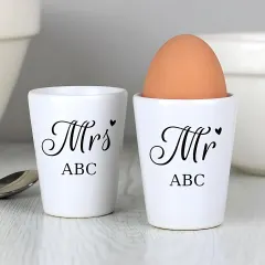 Personalised Mr and Mrs Egg Cups, Custom Surname Breakfast Set, Newlywed Wedding Gift thumbnail 2