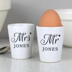 Personalised Mr and Mrs Egg Cups, Custom Surname Breakfast Set, Newlywed Wedding Gift thumbnail 3