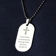 Personalised Cross Dog Tag Necklace, Engraved Stainless Steel Communion Gift, Custom Christian Pendant thumbnail 1