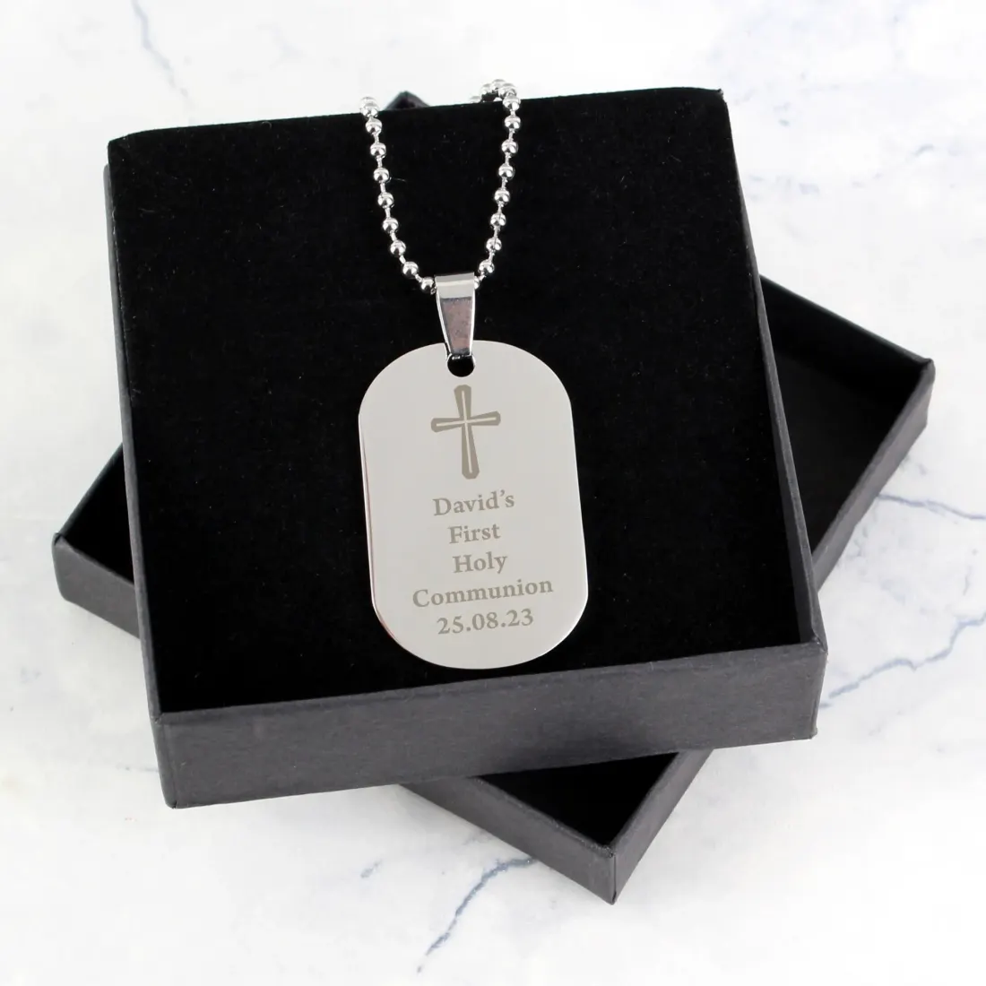 Personalised Cross Dog Tag Necklace, Engraved Stainless Steel Communion Gift, Custom Christian Pendant — photo 3