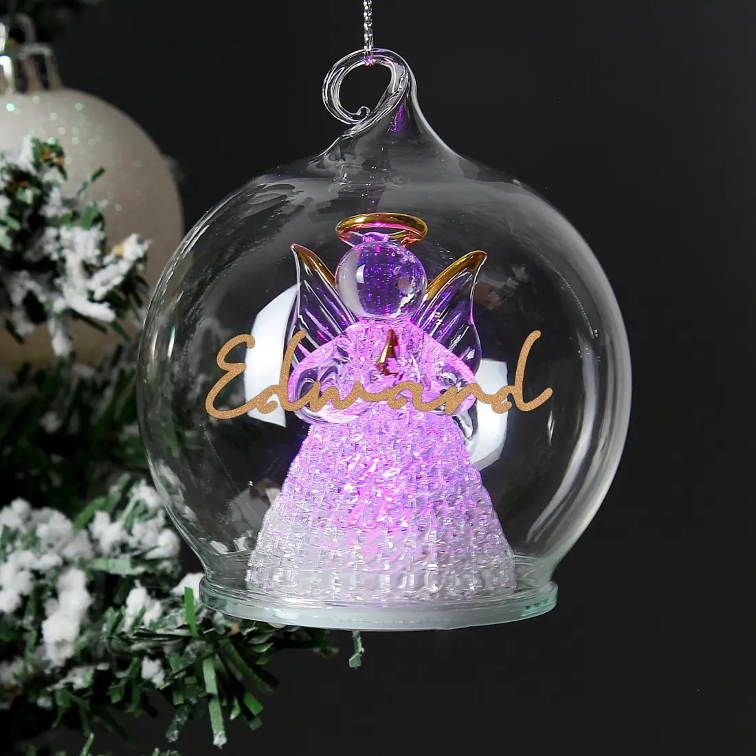 Personalised LED Angel Bauble, Light Up Glass Christmas Ornament, Custom Name Tree Decoration