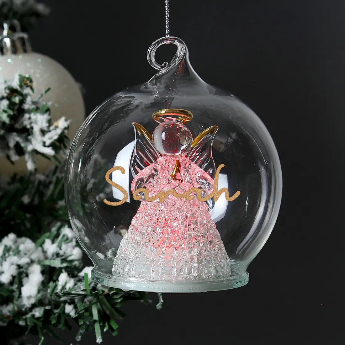 Personalised LED Angel Bauble, Light Up Glass Christmas Ornament, Custom Name Tree Decoration — photo 3