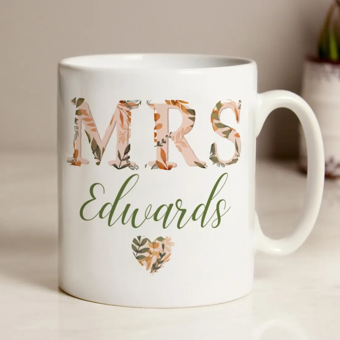 Personalised Autumn Floral Ceramic Mug, Custom Surname Wedding Keepsake