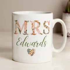 Personalised Autumn Floral Ceramic Mug, Custom Surname Wedding Keepsake thumbnail 1