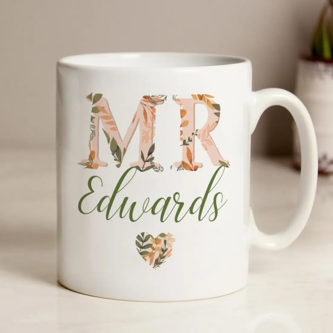 Personalised Autumn Floral Ceramic Mug, Custom Surname Wedding Keepsake — photo 4