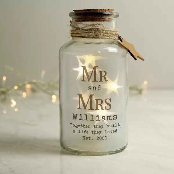 Personalised Mr and Mrs LED Glass Jar, Engraved Wedding Keepsake, Custom Couple Light