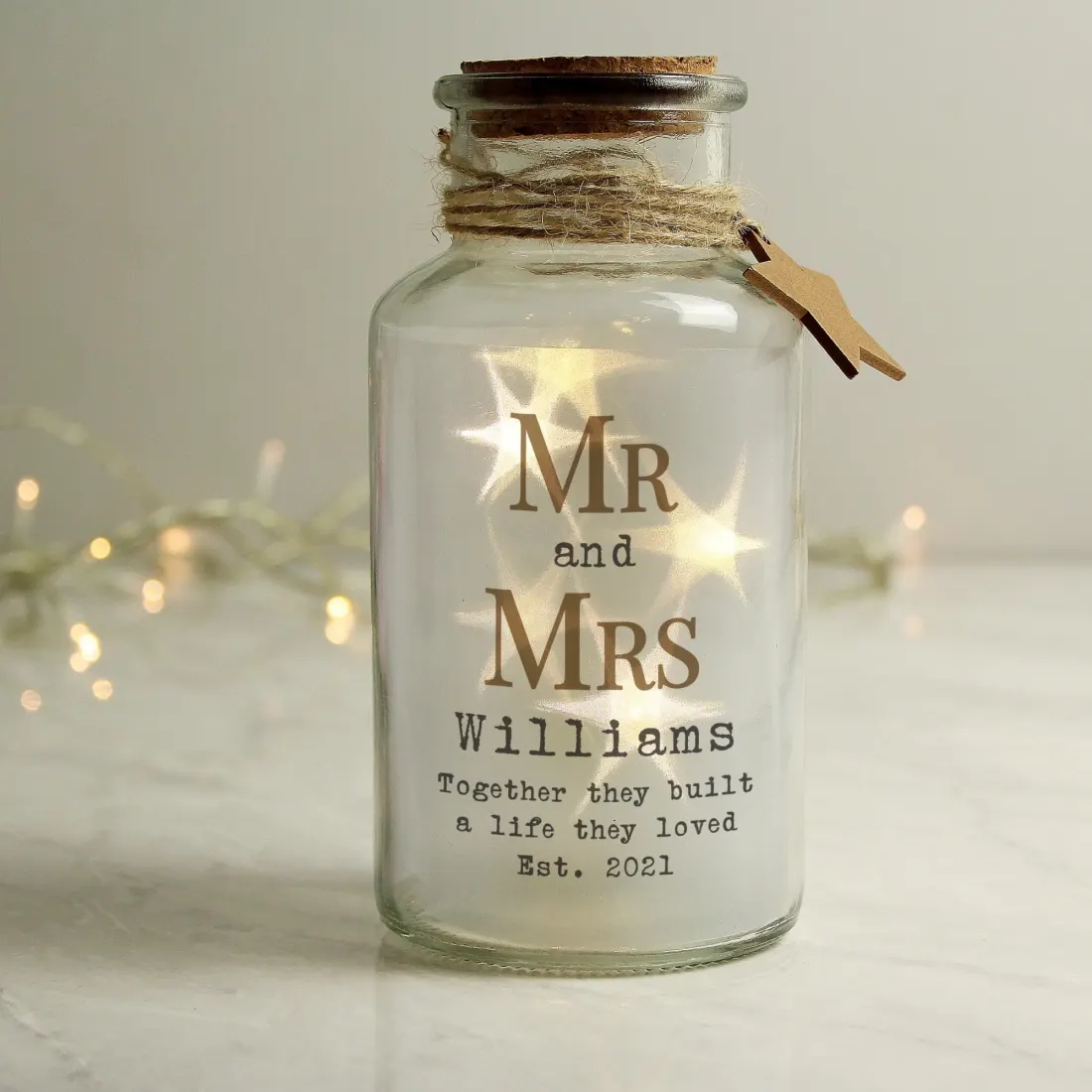 Personalised Mr and Mrs LED Glass Jar, Engraved Wedding Keepsake, Custom Couple Light