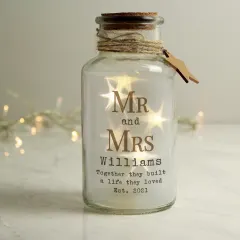 Personalised Mr and Mrs LED Glass Jar, Engraved Wedding Keepsake, Custom Couple Light thumbnail 1
