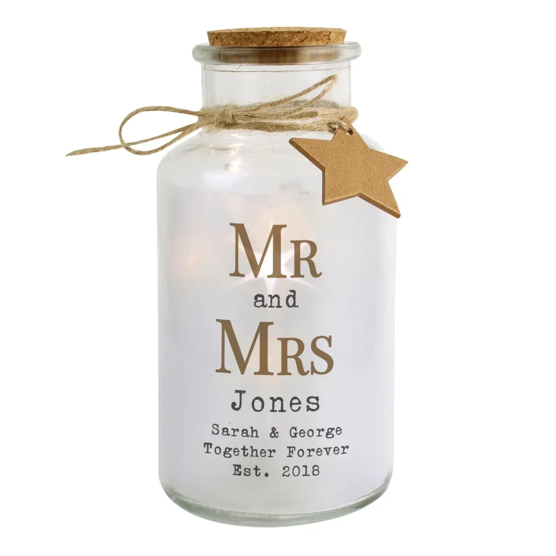 Personalised Mr and Mrs LED Glass Jar, Engraved Wedding Keepsake, Custom Couple Light — photo 5