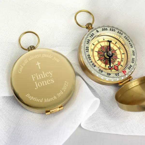 Personalised Religious Compass, Engraved Brass Baptism Keepsake, Holy Communion Gift
