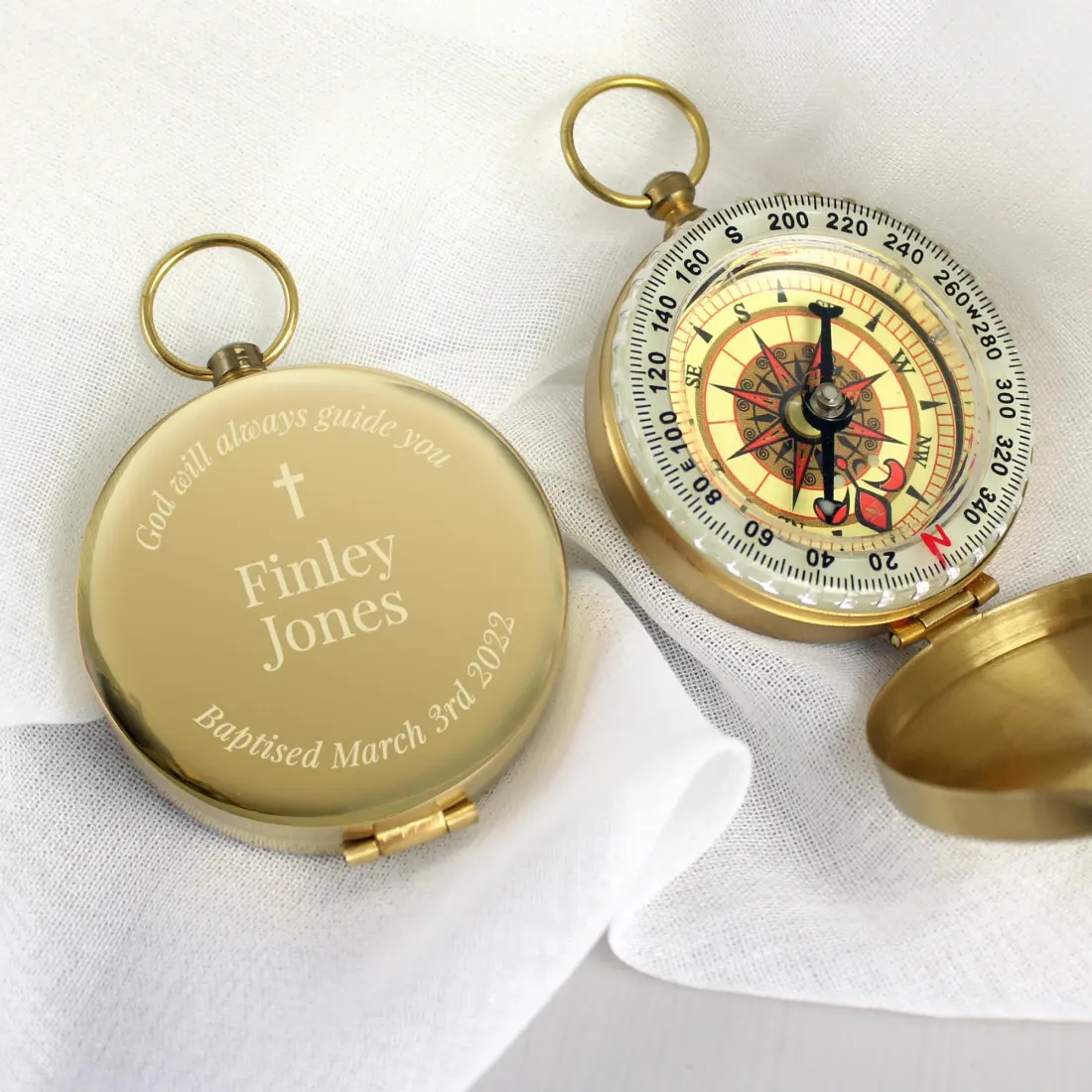 Personalised Religious Compass, Engraved Brass Baptism Keepsake, Holy Communion Gift