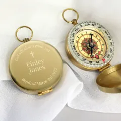 Personalised Religious Compass, Engraved Brass Baptism Keepsake, Holy Communion Gift thumbnail 1