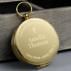 Personalised Religious Compass, Engraved Brass Baptism Keepsake, Holy Communion Gift thumbnail 4