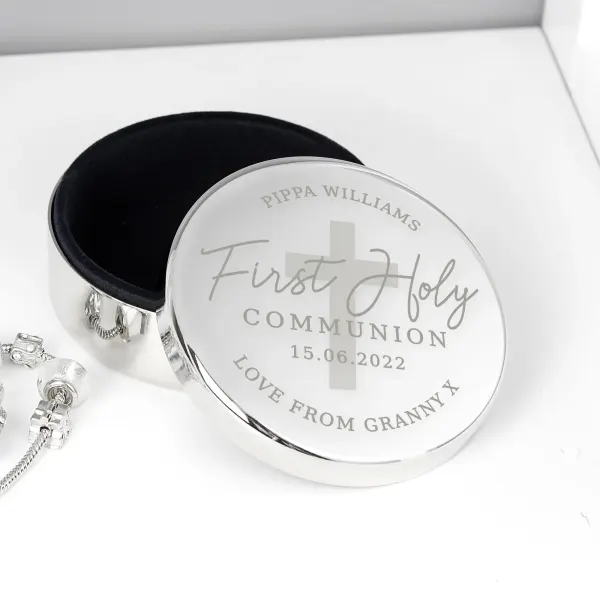 Personalised Communion Trinket Box, Custom Engraved Round Cross Keepsake