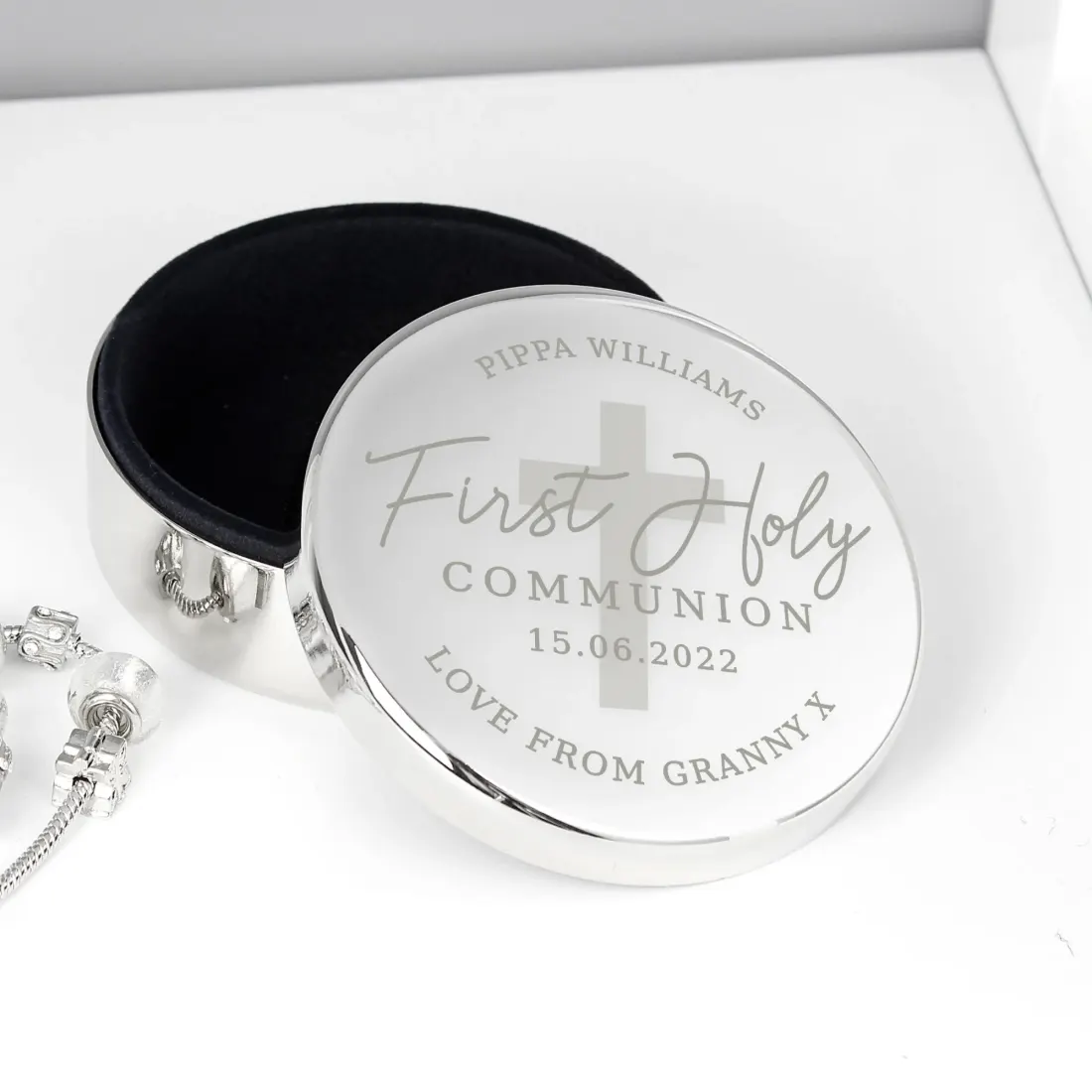Personalised Communion Trinket Box, Custom Engraved Round Cross Keepsake