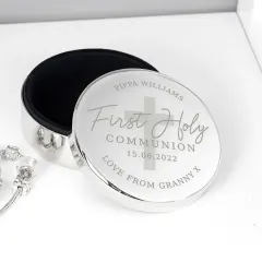 Personalised Communion Trinket Box, Custom Engraved Round Cross Keepsake thumbnail 1