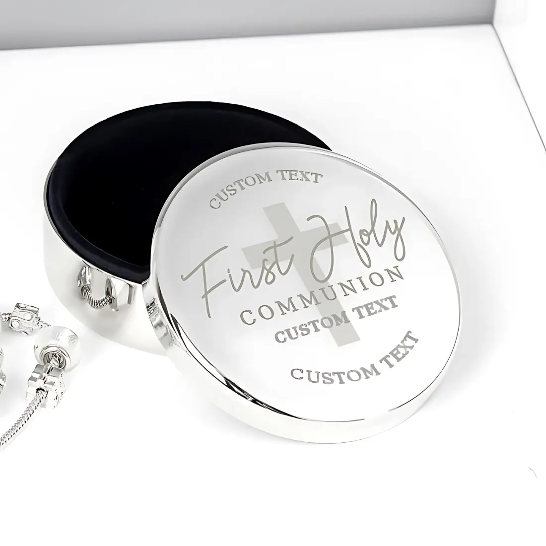 Personalised Communion Trinket Box, Custom Engraved Round Cross Keepsake — photo 2