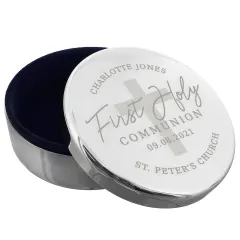 Personalised Communion Trinket Box, Custom Engraved Round Cross Keepsake thumbnail 3