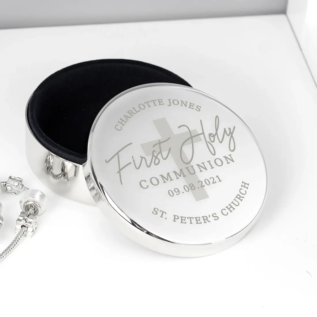 Personalised Communion Trinket Box, Custom Engraved Round Cross Keepsake — photo 4