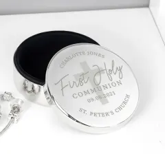 Personalised Communion Trinket Box, Custom Engraved Round Cross Keepsake thumbnail 4