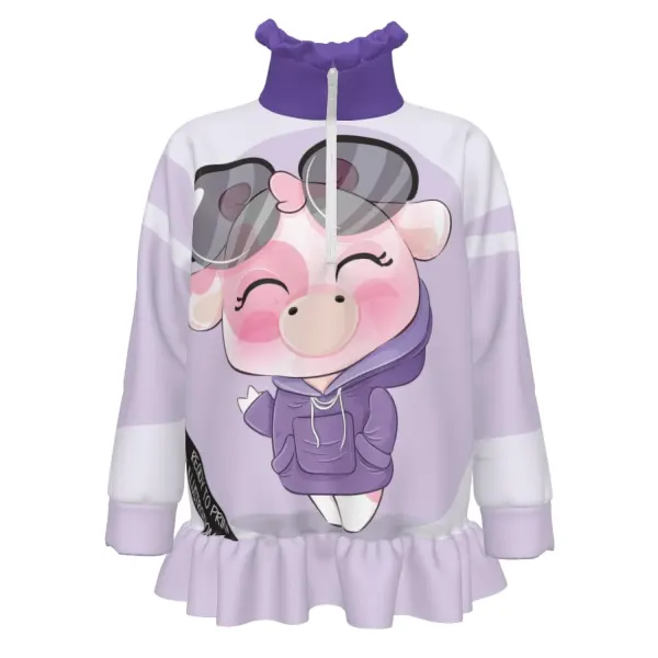 Girls' Half-Zip Long-Sleeve Sweatshirt with Ruffle Hem