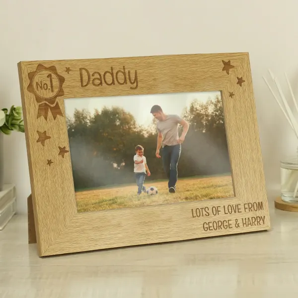 Personalised Wooden Photo Frame, Custom Engraved Dad Gift, 6x4 Mantelpiece Oak-Effect Frame