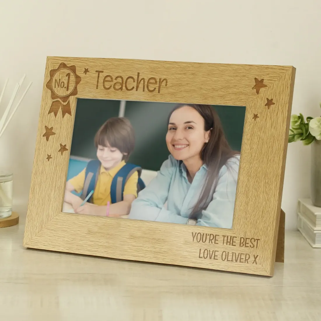 Personalised Wooden Photo Frame, Custom Engraved Dad Gift, 6x4 Mantelpiece Oak-Effect Frame — photo 3