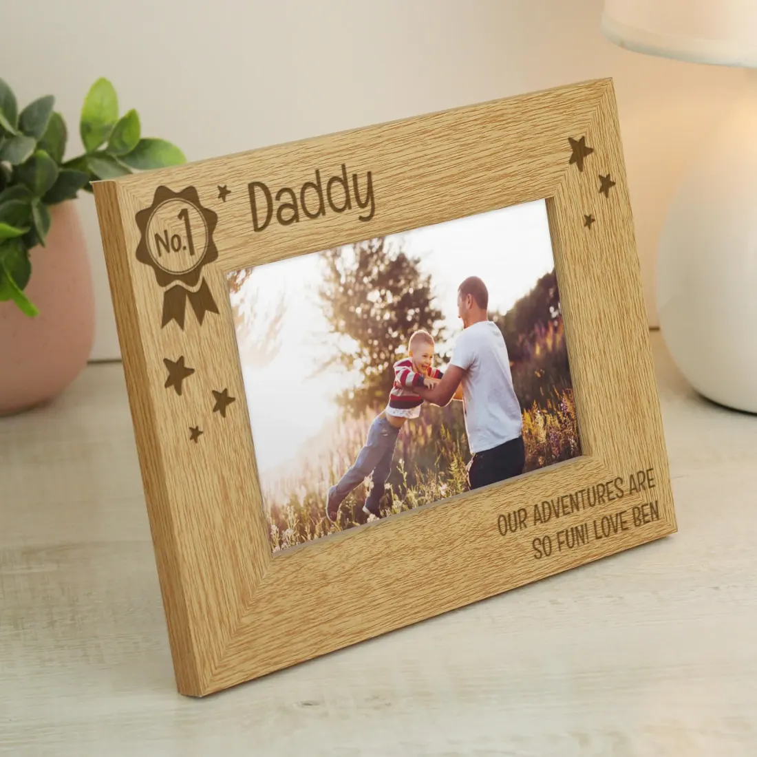 Personalised Wooden Photo Frame, Custom Engraved Dad Gift, 6x4 Mantelpiece Oak-Effect Frame — photo 5