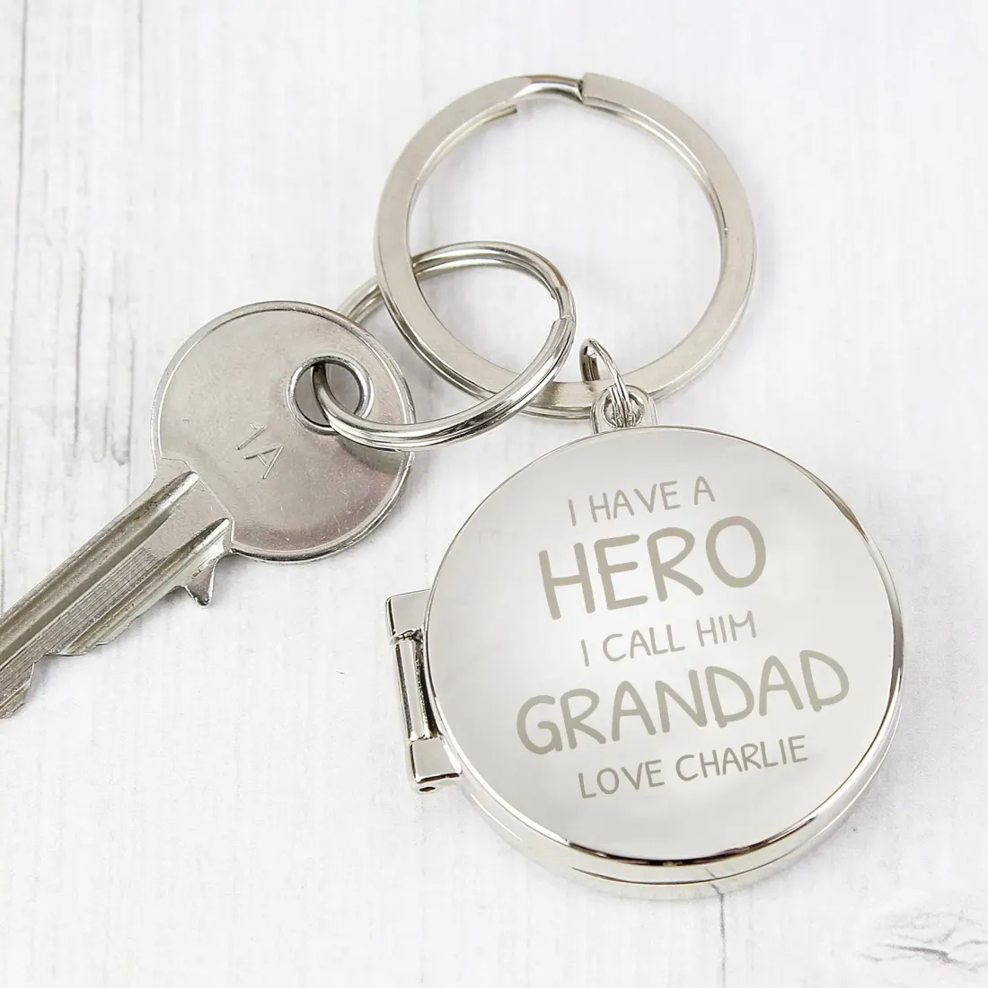 Personalised Grandad Photo Keyring, Engraved Silver Tone Memorial Keepsake Keychain