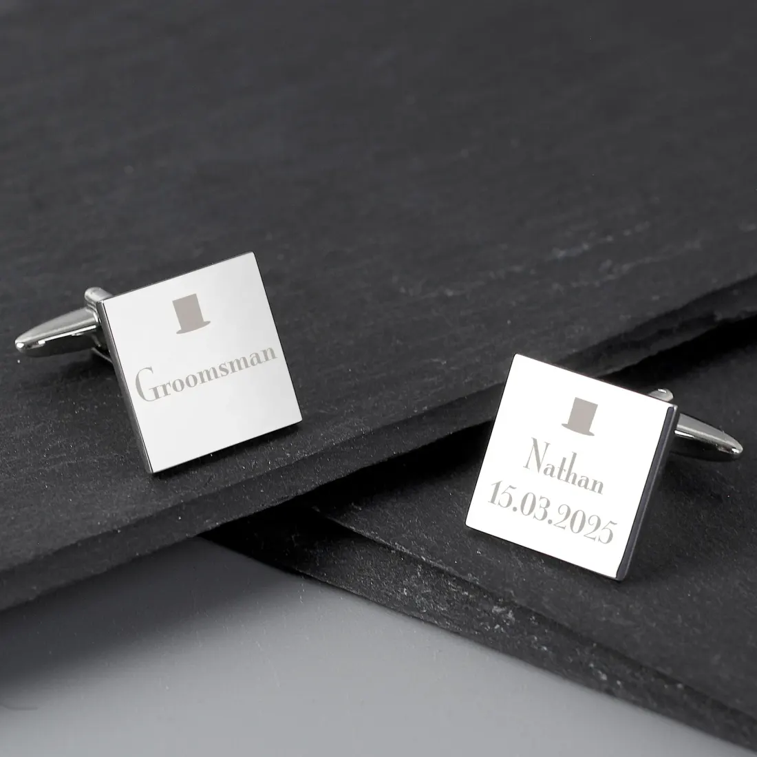 Personalised Groomsman Cufflinks, Custom Engraved Wedding Date Gift, Square Silver Cufflinks for Ushers