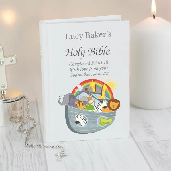 Personalised Noahs Ark Holy Bible, Custom Engraved Baby Keepsake, Christian Baptism Present