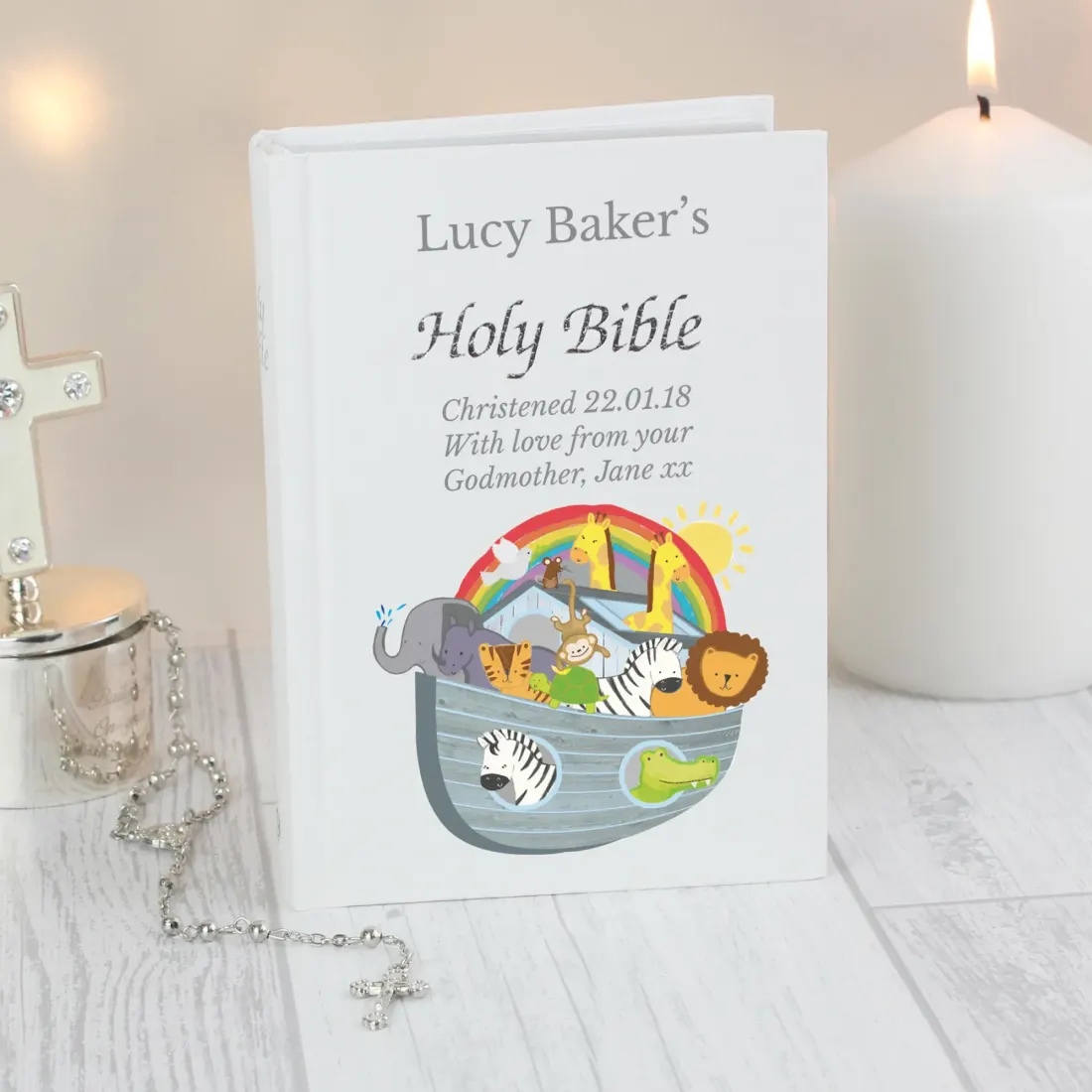 Personalised Noahs Ark Holy Bible, Custom Engraved Baby Keepsake, Christian Baptism Present