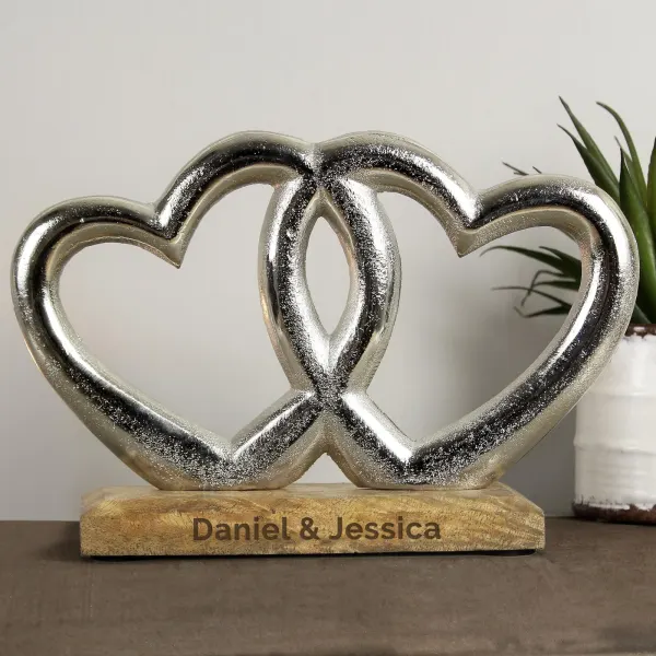 Intertwined Hearts Ornament, Silver Finish, Custom Engraved Wood Base Keepsake