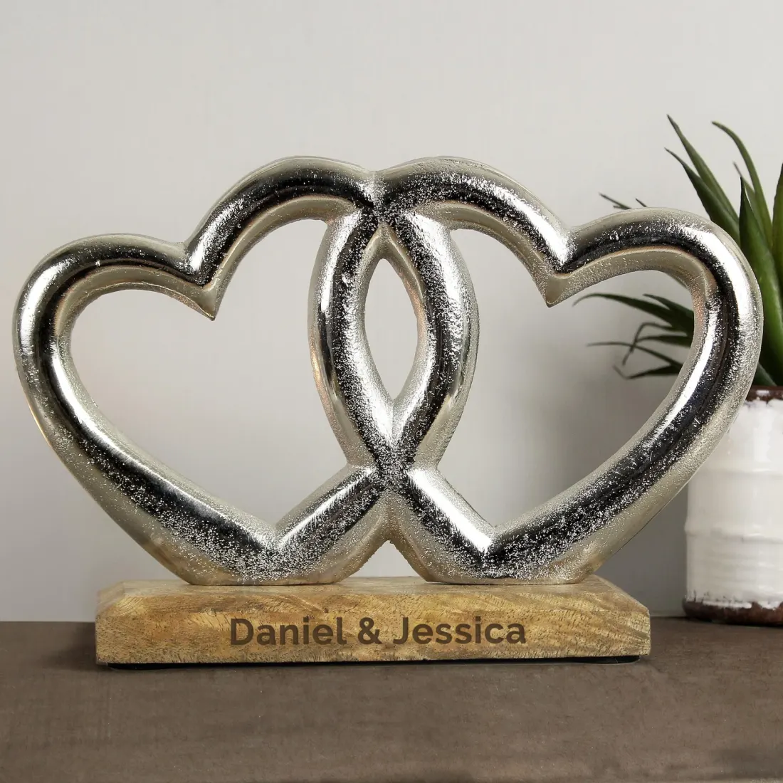 Intertwined Hearts Ornament, Silver Finish, Custom Engraved Wood Base Keepsake