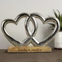 Intertwined Hearts Ornament, Silver Finish, Custom Engraved Wood Base Keepsake thumbnail 1