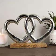 Intertwined Hearts Ornament, Silver Finish, Custom Engraved Wood Base Keepsake thumbnail 2